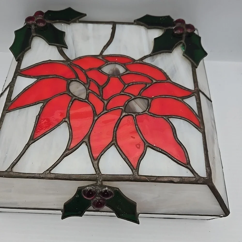 Leaded Stained Glass Hinged Jewelry Box With‎ Christmas Poinsettia